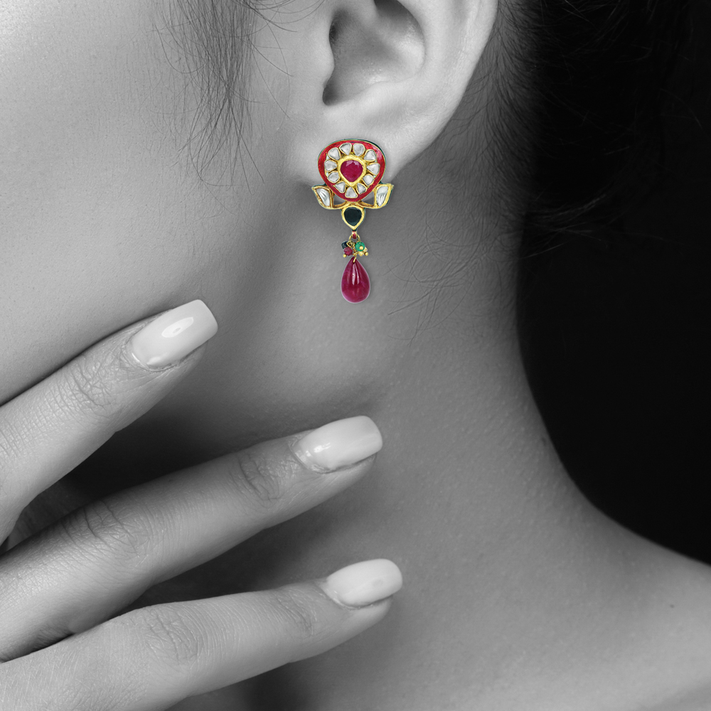 Polki Stud Earrings with Ruby, Red Enamel, and Drop Design